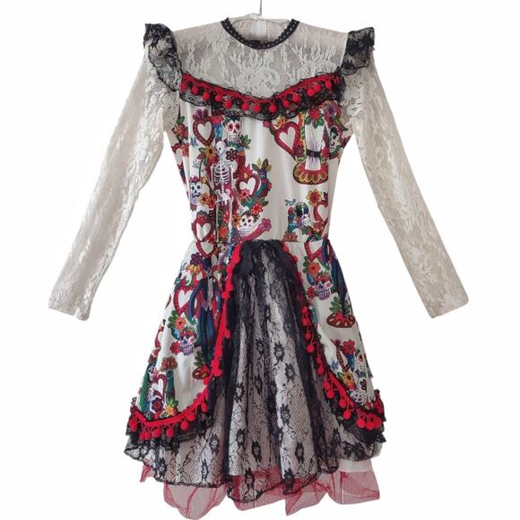 Day of The Dead Girls Dress Size XL Knit Fringe Costume Dios De Los Muertos - Picture 2 of 11